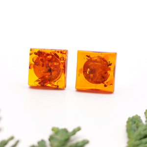 Square Amber Stone Silver Stud Earrings