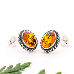 Bohemian Silver Amber Gemstone Stud Earrings