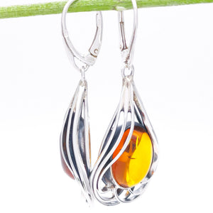 Unique Gift Statement Teardrop Silver Amber Earrings