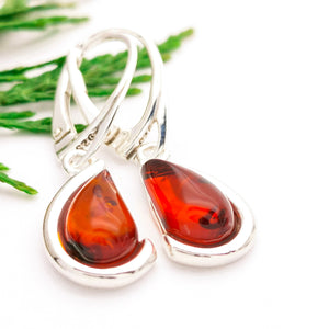 Red Cherry Amber Silver Heart Earrings