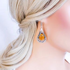 Unique Gift Statement Teardrop Silver Amber Earrings