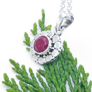 Dainty Silver Flower Ruby Necklace