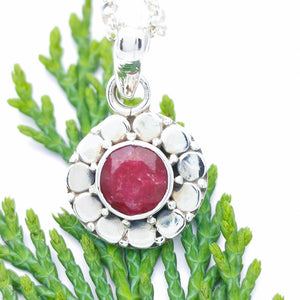 Dainty Silver Flower Ruby Necklace