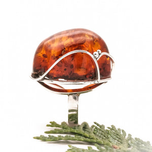 Huge Unique Cherry Baltic Amber Ring Adjustable Size 6.5 N
