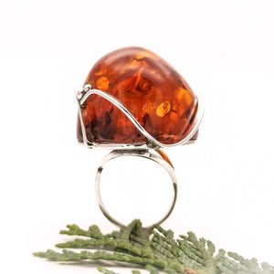 Huge Unique Cherry Baltic Amber Ring Adjustable Size 6.5 N