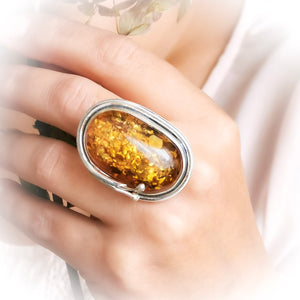 Oval Natural Amber Adjustable Ring Size 6 7 8 M N O P Q