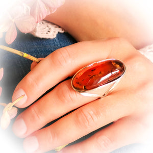 Simple Silver Long Amber Ring Adjustable Size 7.5 8.5 P R