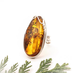 Handmade Large Teardrop Amber Adjustable Ring Size 7 O
