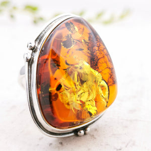 Unique Amber Sterling Silver Adjustable Ring