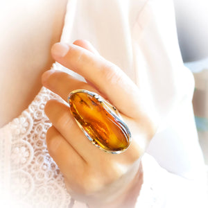 Full Finger Natural Amber Stone Adjustable Ring Size 8 Q