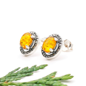Yellow Amber Stone Sterling Silver Studs
