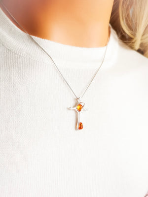 Dainty Silver Cross Pendant Amber Necklace