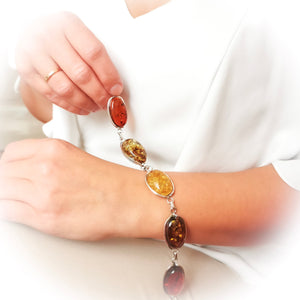 Large Amber Stone Silver Chain Link Bracelet