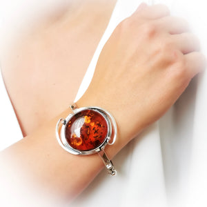 Round Amber Stone Silver Cuff Bangle Bracelet