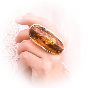 Very Long Raw Amber Stone Statement Adjustable Ring Size 8 Q