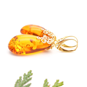 Unique Large Teardrop Amber Gold Dangle Earrings