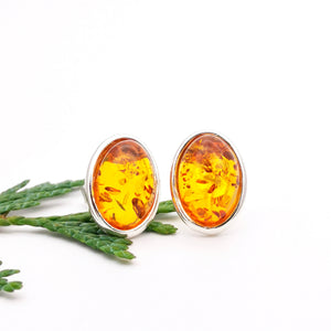 Classic Oval Amber Silver Stud Earrings