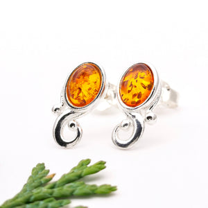 Amber Gemstone Silver Spiral Stud Earrings