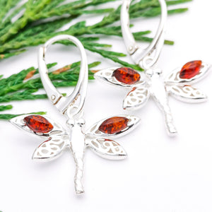 Sterling Silver Dragonfly Cherry Amber Drop Earrings