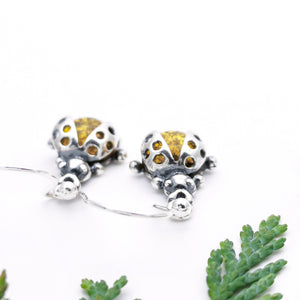 Sterling Silver Ladybird Green Amber Woodland Earrings