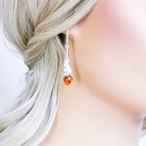 Silver Leaf Long Dangle Amber Earrings